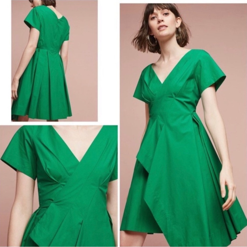 Anthropologie Maeve green poplin a line dress size: 8